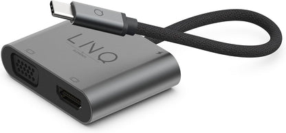 Linq Connects 4in1 4K HDMI Power Adapter met PD, USB-A en VGA – 4K HDMI output, HDMI 2.0, tot 4K/60Hz, USB-C PD charging tot 100W, USB-A data tot 5 Gbps, USB3.2 Gen1 GA poort, tot 2K 60Hz, Grijs