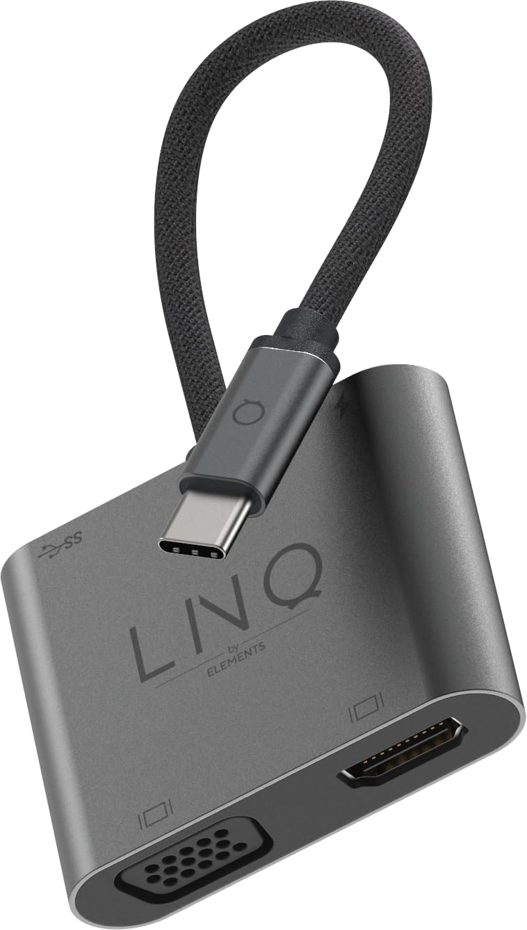 Linq Connects 4in1 4K HDMI Power Adapter met PD, USB-A en VGA – 4K HDMI output, HDMI 2.0, tot 4K/60Hz, USB-C PD charging tot 100W, USB-A data tot 5 Gbps, USB3.2 Gen1 GA poort, tot 2K 60Hz, Grijs