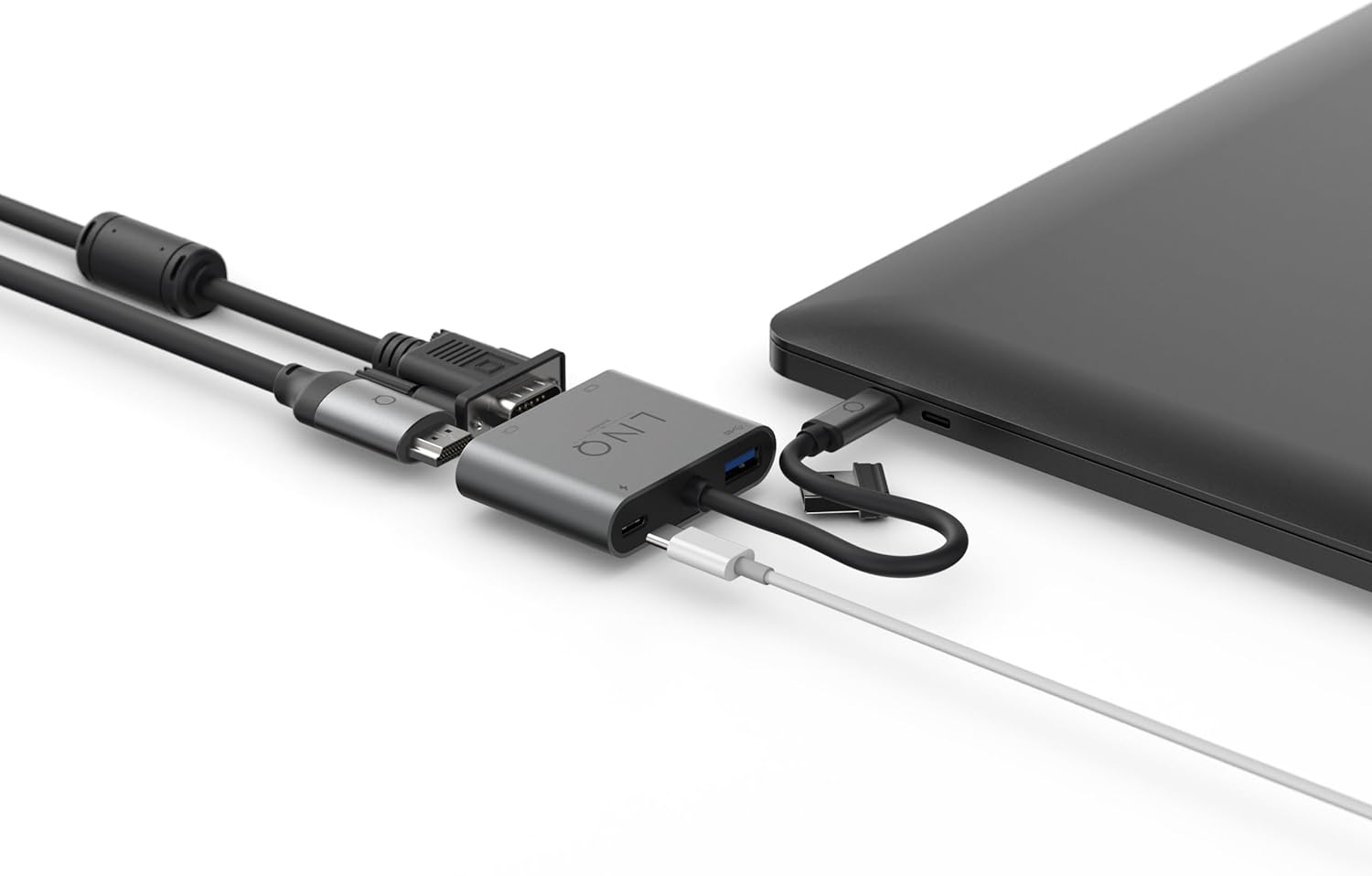 Linq Connects 4in1 4K HDMI Power Adapter met PD, USB-A en VGA – 4K HDMI output, HDMI 2.0, tot 4K/60Hz, USB-C PD charging tot 100W, USB-A data tot 5 Gbps, USB3.2 Gen1 GA poort, tot 2K 60Hz, Grijs