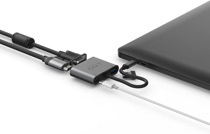 Linq Connects 4in1 4K HDMI Power Adapter met PD, USB-A en VGA – 4K HDMI output, HDMI 2.0, tot 4K/60Hz, USB-C PD charging tot 100W, USB-A data tot 5 Gbps, USB3.2 Gen1 GA poort, tot 2K 60Hz, Grijs