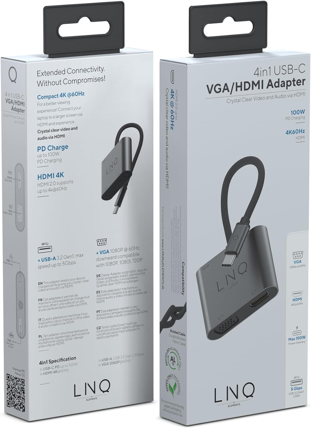 Linq Connects 4in1 4K HDMI Power Adapter met PD, USB-A en VGA – 4K HDMI output, HDMI 2.0, tot 4K/60Hz, USB-C PD charging tot 100W, USB-A data tot 5 Gbps, USB3.2 Gen1 GA poort, tot 2K 60Hz, Grijs