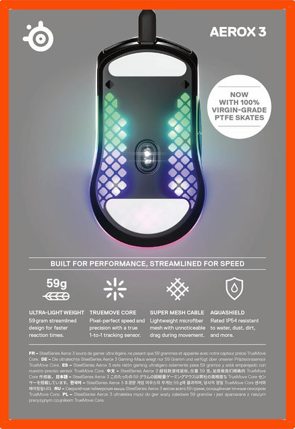 SteelSeries Aerox 3 Onyx (2022) - Super Light Gaming Mouse - 8,500 CPI TrueMove Core Optical Sensor - Ultra-lightweight 59g Water Resistant Design
