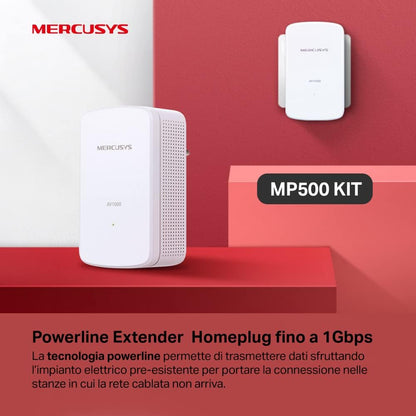 Mercusys TP-Link MP500 KIT Powerline Kit Homeplug AV2 Fino a 1000Mbps, 1 Porta Gigabit, Plug & Play, Compatibile con Tutti i Router, Tecnologia Powerline
