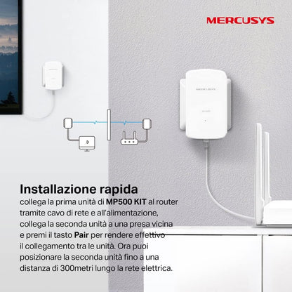 Mercusys TP-Link MP500 KIT Powerline Kit Homeplug AV2 Fino a 1000Mbps, 1 Porta Gigabit, Plug & Play, Compatibile con Tutti i Router, Tecnologia Powerline