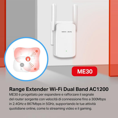 TP-Link Mercusys ME30 Mesh WiFi Ripetitore Wifi Dual-Band 1200 Mbps, Ripetitore WiFi Potente per Casa, WiFi Extender e Access Point, Amplificatore WiFi, Compatibile con Tutti i Modem Router WiFi