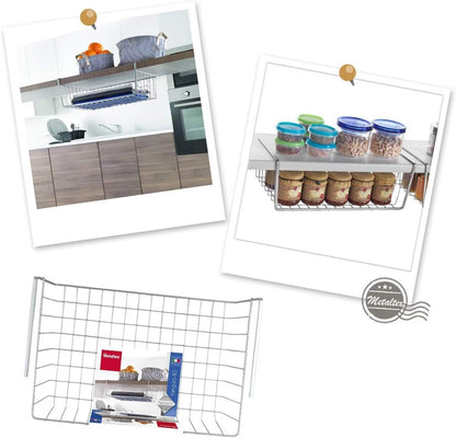 Metaltex Kanguro Cupboard Organiser, Under Shelf Storage Basket with Polytherm Coating for Long Term Use, Silver, Size: 40 cm