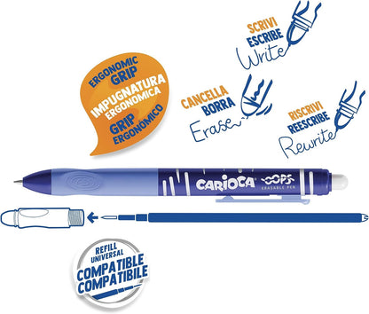 CARIOCA Oops Retractable Blue | Erasable Refillable Retractable Ballpoint Pens Set for School, University and Office with Built-in Rubber and Ergonomic Grip, Blue Pens, 12 Units Colour