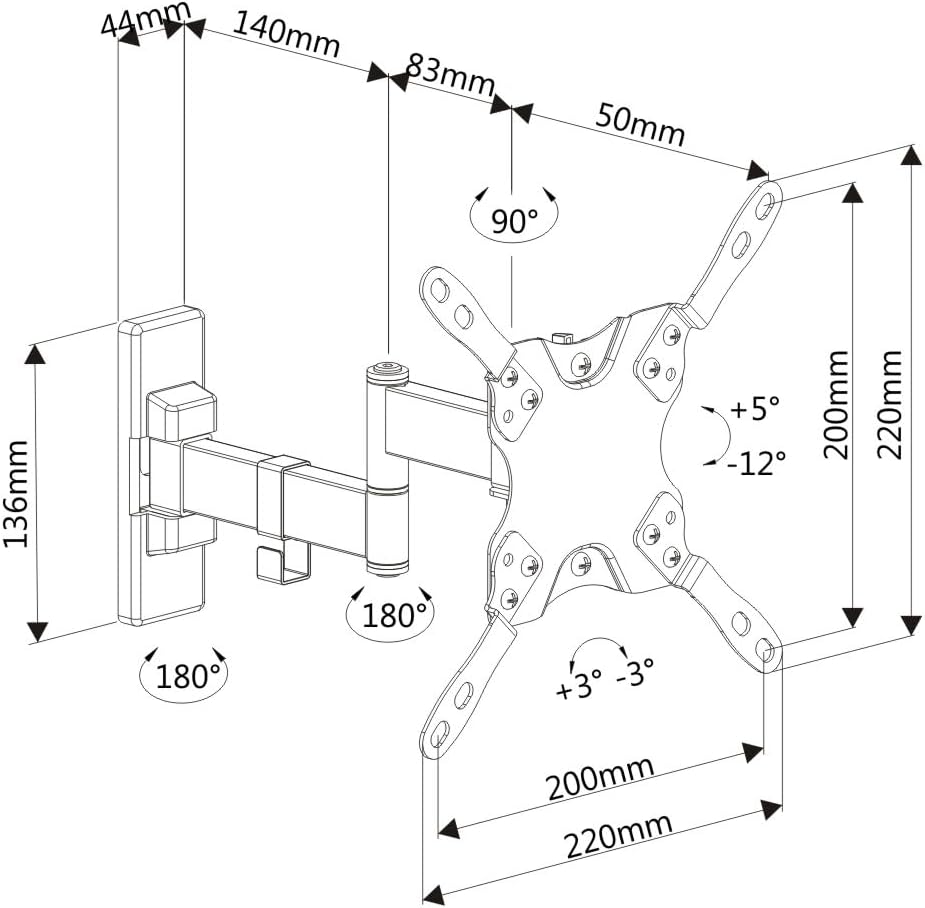 Ewent EW1522 Supporto da Parete per TV/Monitor da 13 a 42 Pollici con Braccio a Doppio Snodo e Orientabile, Vesa Fino a 200 x 200 mm, Nero