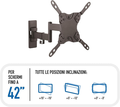 Ewent EW1522 Supporto da Parete per TV/Monitor da 13 a 42 Pollici con Braccio a Doppio Snodo e Orientabile, Vesa Fino a 200 x 200 mm, Nero