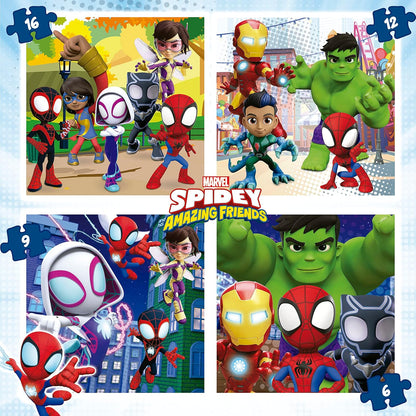 Educa - Spidey und Seine Super-Freunde, 4in1 Puzzleset mit 6/9/12/16 Teilen, Puzzle für Kinder ab 3 Jahren, Spiderman, Marvel (19580