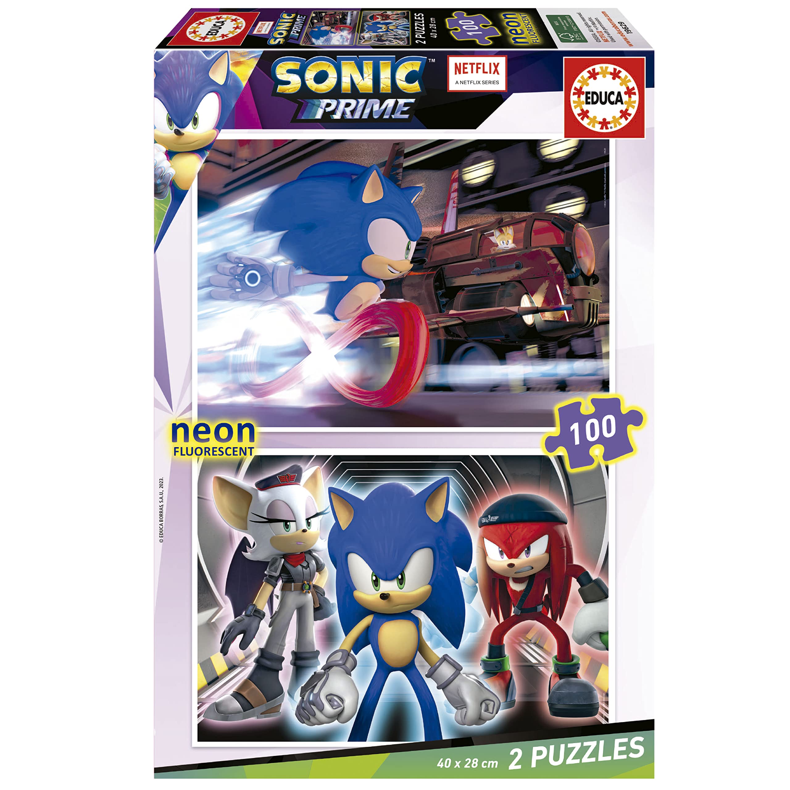Educa - Sonic Prime Neon | Set de 2 Puzzles con 100 Piezas Que Brillan en la Oscuridad. Medida aproximada una Vez montado: 40 x 28 cm. Compuesto por Grandes Piezas. +6 años (19629