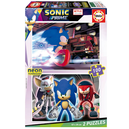 Educa - Sonic Prime Neon | Set de 2 Puzzles con 100 Piezas Que Brillan en la Oscuridad. Medida aproximada una Vez montado: 40 x 28 cm. Compuesto por Grandes Piezas. +6 años (19629