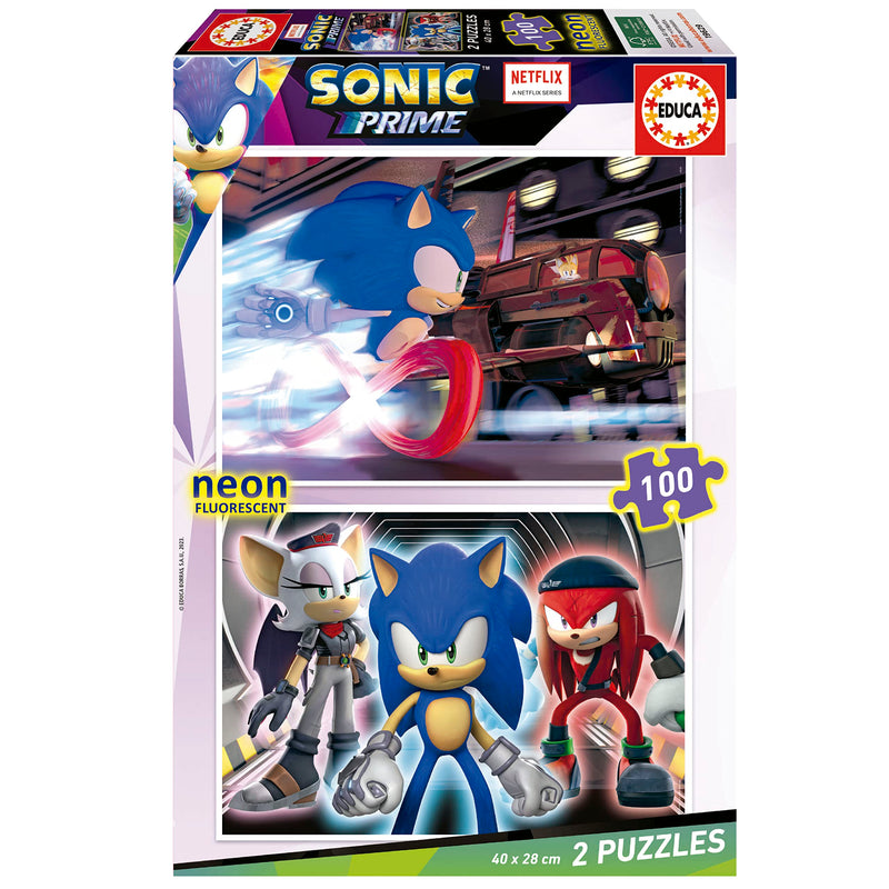 Educa - Sonic Prime Neon | Set de 2 Puzzles con 100 Piezas Que Brillan en la Oscuridad. Medida aproximada una Vez montado: 40 x 28 cm. Compuesto por Grandes Piezas. +6 años (19629