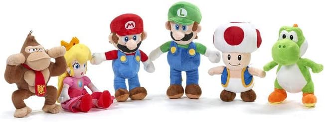 Whitehouse Super Mario and Friends Plush 6 Different Figures, 20 cm, Plush Toy Mario, Luigi, Kong, Toad, Yoshi, Princess Peach, Cuddly Toy, Soft Toy (Luigi
