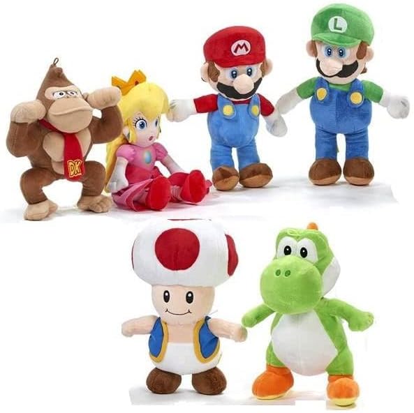Whitehouse Super Mario and Friends Plush 6 Different Figures, 20 cm, Plush Toy Mario, Luigi, Kong, Toad, Yoshi, Princess Peach, Cuddly Toy, Soft Toy (Luigi