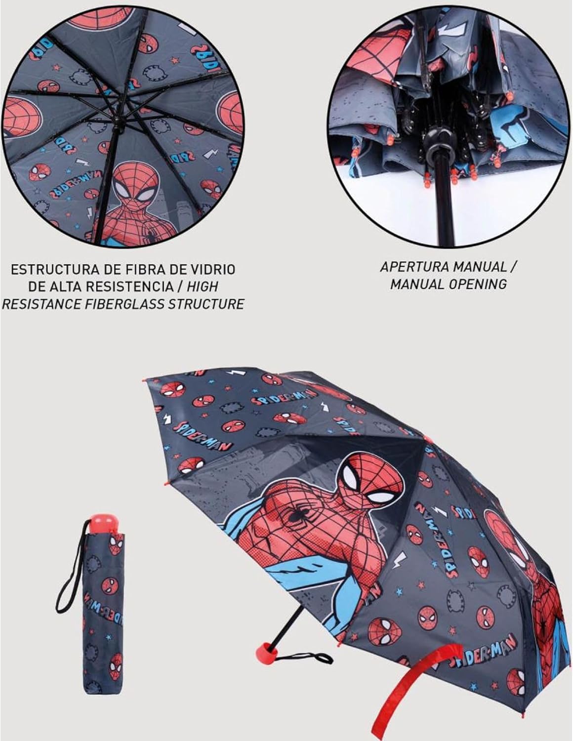 CERDÁ LIFE'S LITTLE MOMENTS - Paraguas Plegable Niño de Spiderman - Apertura Manual con Mecanismo Antiviento y Proteccion en las Varillas para Mayor Seguridad - Licencia Oficial Marvel