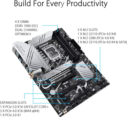 ASUS Prime Z790-P WIFI, an Intel Z790 LGA 1700 ATX motherboard with PCIe 5.0, three M.2 slots, 14+1 DrMOS, DDR5, Intel WIFI 6, Realtek 2.5 Gb LAN, HDMI, DP, USB 3.2 Gen 2x2 Type-C