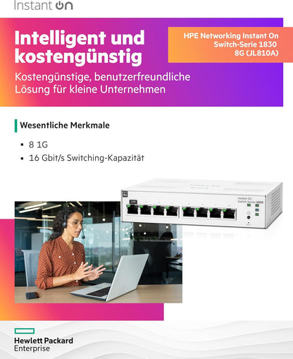 Aruba Instant On 1830 8-Port Gb Smart Switch | Fanless | EU Europe Cord (JL810A#ABB