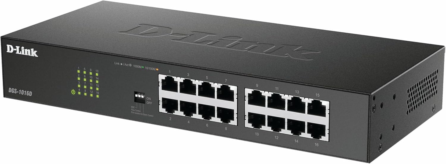 D-Link DGS-1016D 16-Port Green Ethernet Copper Gigabit Switch, Hub, Internet Splitter, Metal, Fanless, Plug and Play - UK Model, black DGS-1016D