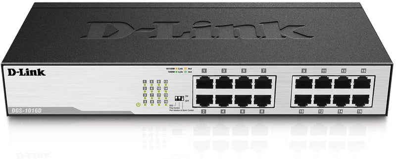 D-Link DGS-1016D 16-Port Green Ethernet Copper Gigabit Switch, Hub, Internet Splitter, Metal, Fanless, Plug and Play - UK Model, black DGS-1016D