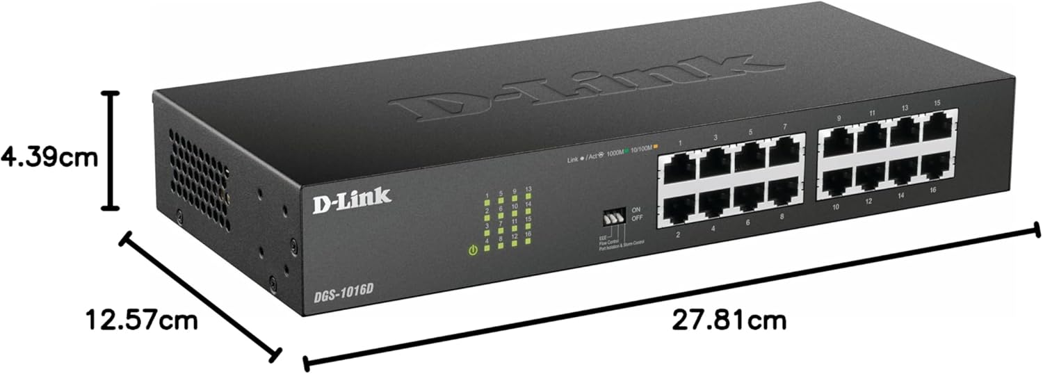 D-Link DGS-1016D 16-Port Green Ethernet Copper Gigabit Switch, Hub, Internet Splitter, Metal, Fanless, Plug and Play - UK Model, black DGS-1016D