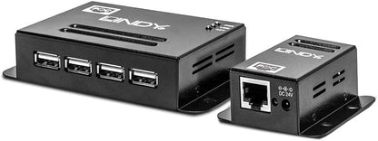 LINDY 50m 4 Port USB 2.0 Cat.5 Extender, USB over Ethernet Cat. 5/5e/6, 50m Extension for up to 4 USB devices like printer, keyboard, mouse, USB stick, Power Supply included, Windows, Mac, Linux