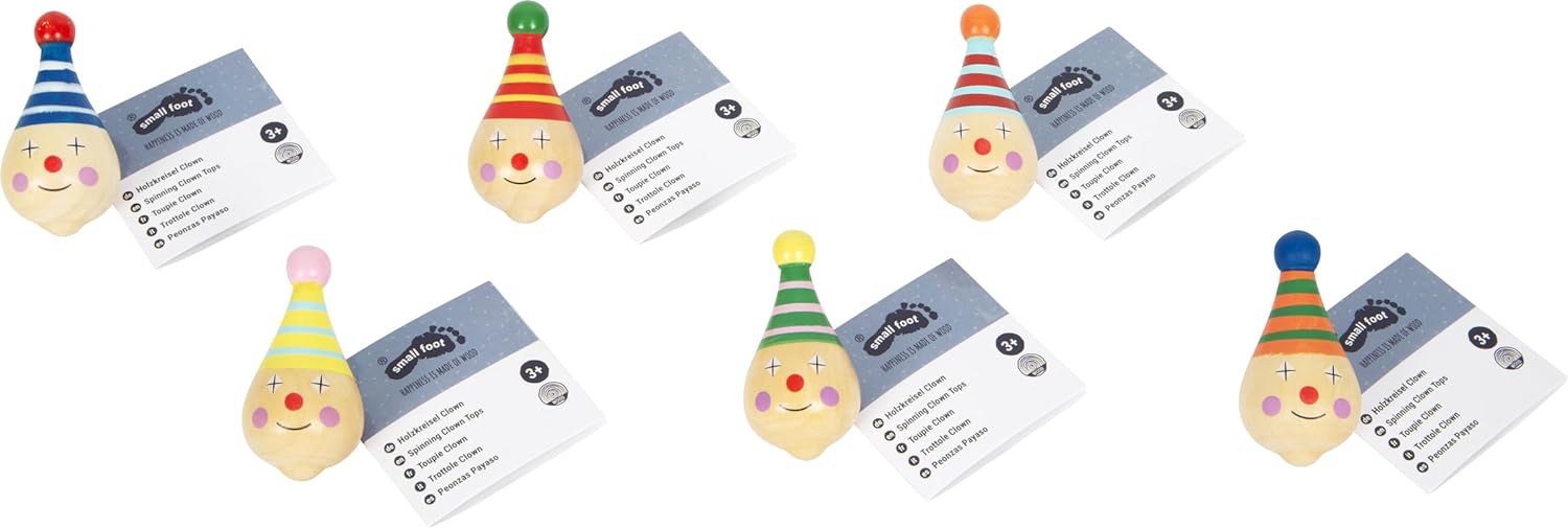 small foot 6138 Set of 6 spinning tops "Clown" made of wood, with clown faces, as a present or for birthdays, from 3 years old Spinning top clown