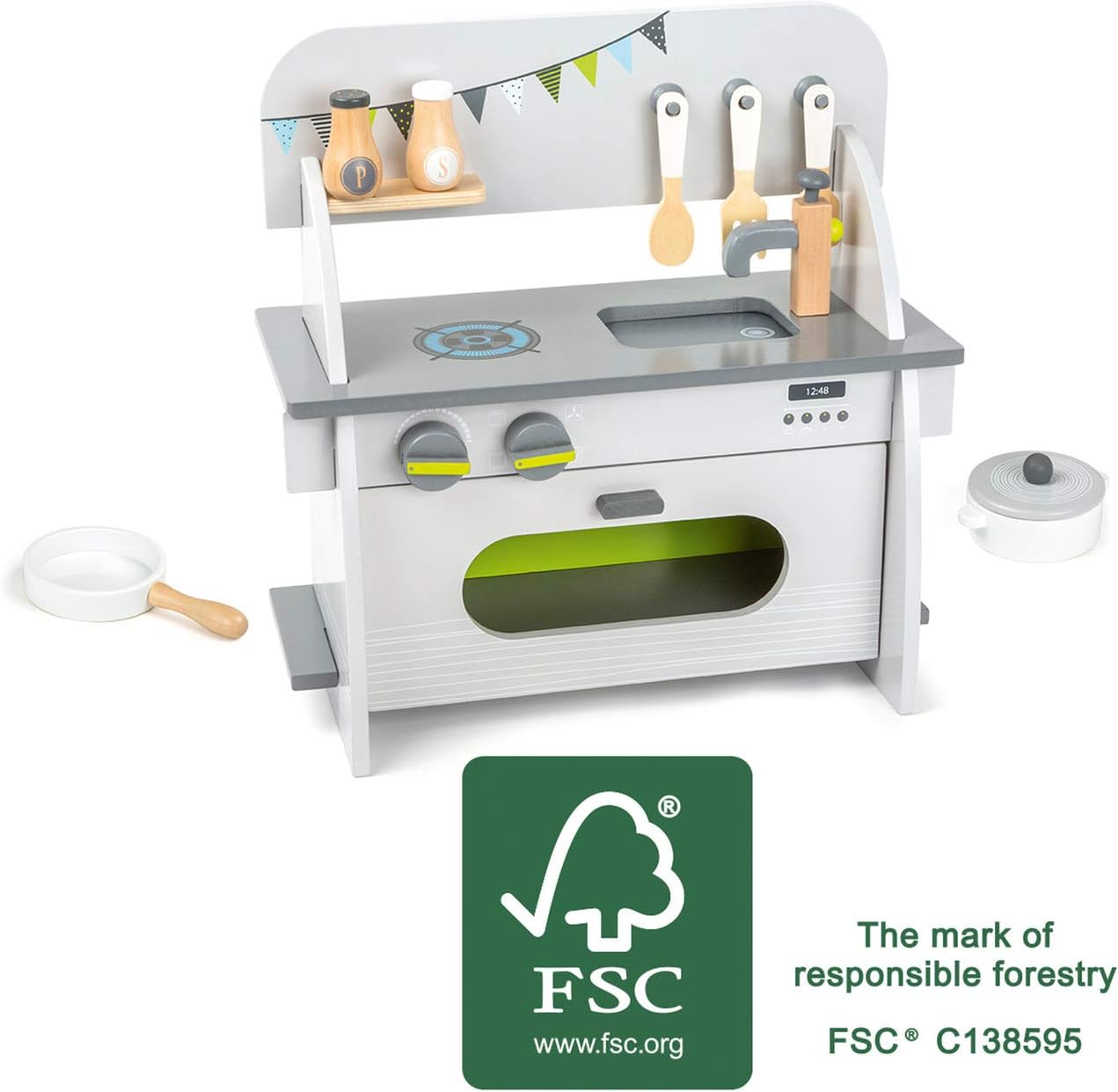 small foot 11158 Children's kitchen made of wood, with oven, rotary knobs, pot, pan and kitchen aid, from 3 years old Compact kitchen