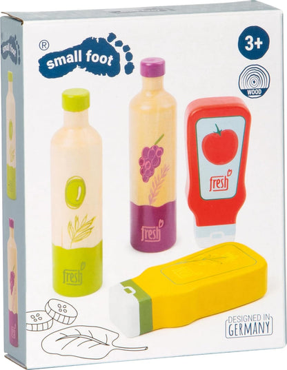 Small Foot-11445 Conjunto de Salsas y aceites Fresh, de Madera, Accesorios para Las Tiendas del Mercado y cocinas Infantiles Juguetes, Multicolor (11445