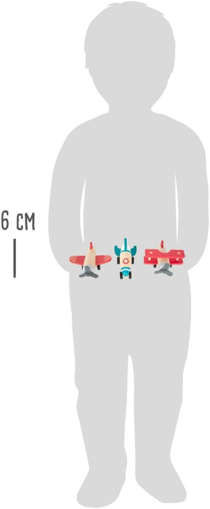 Small Foot Small Foot-11884 Set de Aviónes y Cohete, Tres Grandes voladores, Madera Resistente, a Partir Desde 12 Meses. Flugzeug Toys, Multicolor (11884