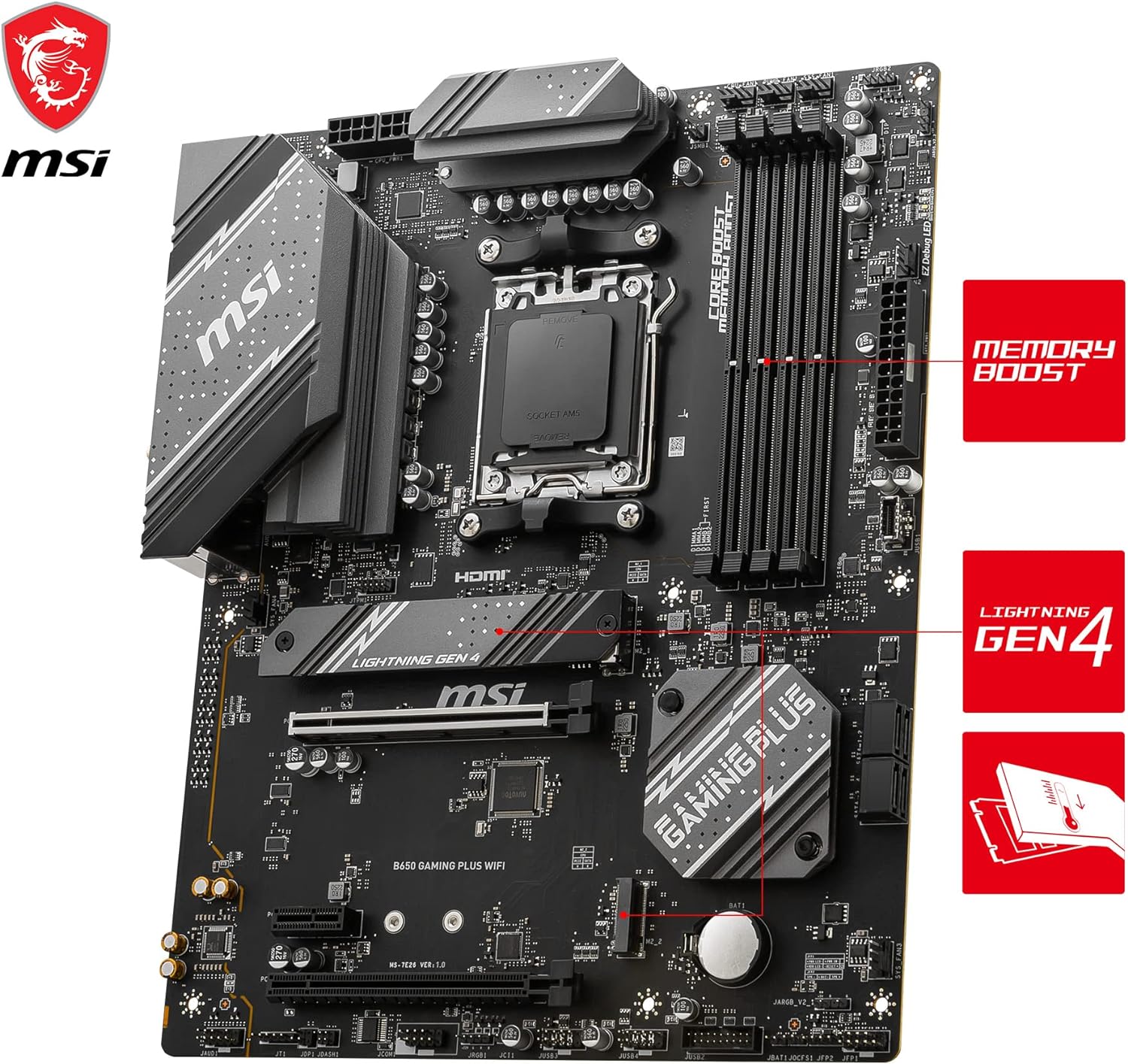 MSI B650 GAMING PLUS WIFI Motherboard, ATX - Supports AMD Ryzen 7000 Series Processors, AM5 - 14+2 Duet Rail VRM, DDR5 Memory Boost 6400+MHz/OC, 2 x PCIe 4.0 x16, 2 x M.2 Gen4, Wi-Fi 6E