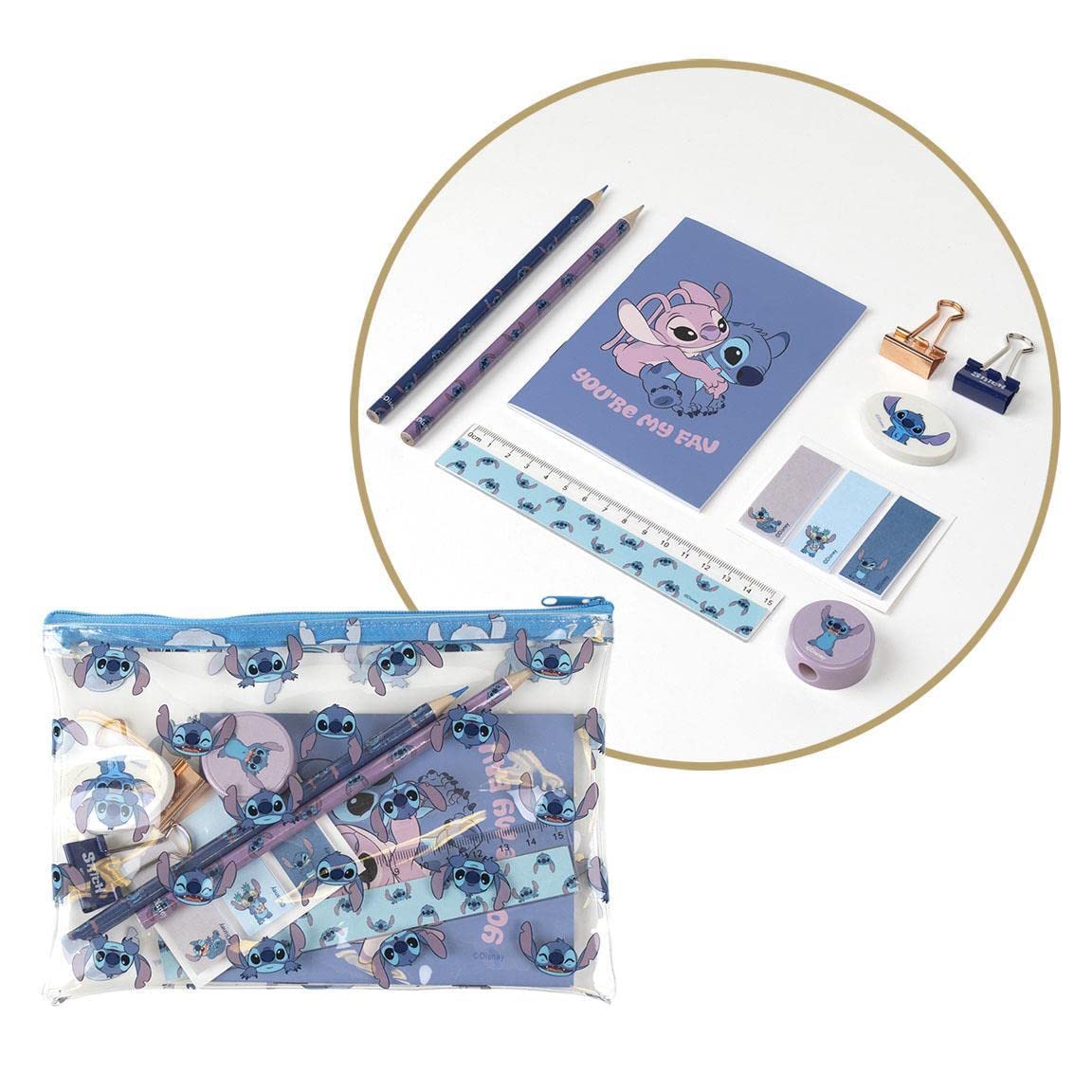 CERDÁ LIFE'S LITTLE MOMENTS - Stationery set printed with stitch | Beautiful pencil case 27 x 14 cm, notebook A6, pen, coloured pencils, pencil sharpener, eraser, ruler, sticky notes, 2 metallic clips A6 booklet