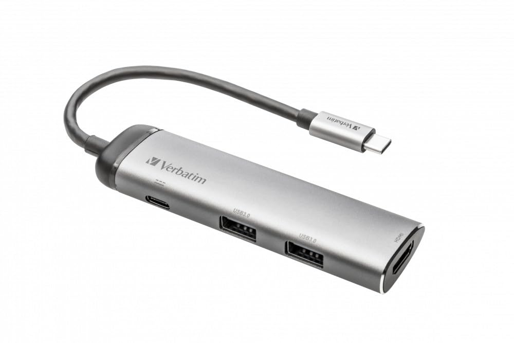 Verbatim USB-C Multiport-Adapter, USB-C-Hub mit USB-3.0, HDMI-4K, und USB-Typ-C Schnelladeanschluss, USB-C-Adapter für Laptop und Macbook, Multimedia-Adapterstecker USB-Type-C, silber