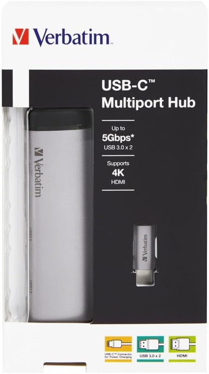 Verbatim USB-C Multiport-Adapter, USB-C-Hub mit USB-3.0, HDMI-4K, und USB-Typ-C Schnelladeanschluss, USB-C-Adapter für Laptop und Macbook, Multimedia-Adapterstecker USB-Type-C, silber
