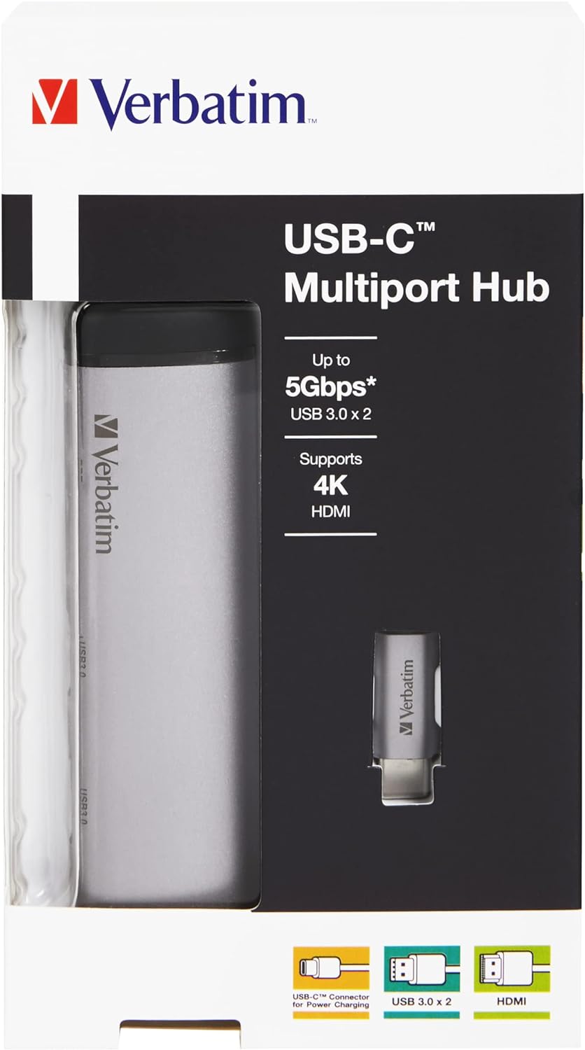 Verbatim USB-C Multiport-Adapter, USB-C-Hub mit USB-3.0, HDMI-4K, und USB-Typ-C Schnelladeanschluss, USB-C-Adapter für Laptop und Macbook, Multimedia-Adapterstecker USB-Type-C, silber