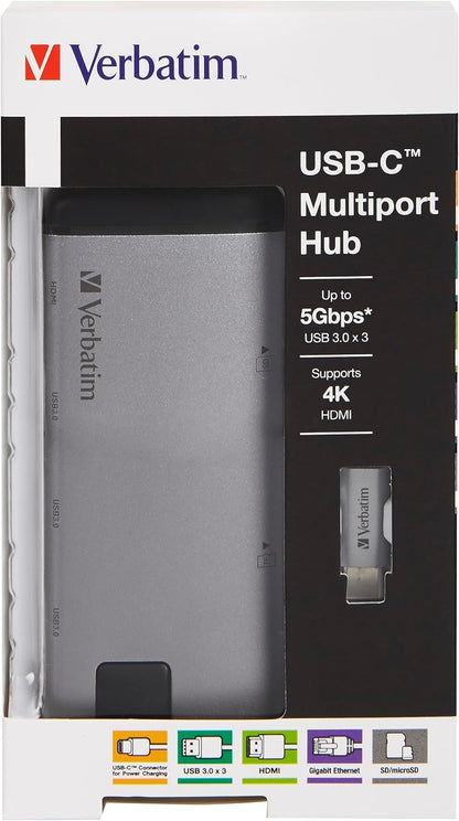 Verbatim USB-C Multiport Hub - USB 3.0, HDMI, 4K, Ethernet, SD/microSD, Quick-Charge Connector, for Laptop, MacBook, grey 49142