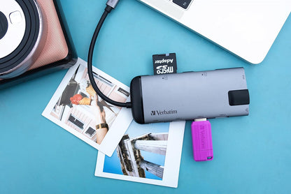 Verbatim USB-C Multiport Hub - USB 3.0, HDMI, 4K, Ethernet, SD/microSD, Quick-Charge Connector, for Laptop, MacBook, grey 49142