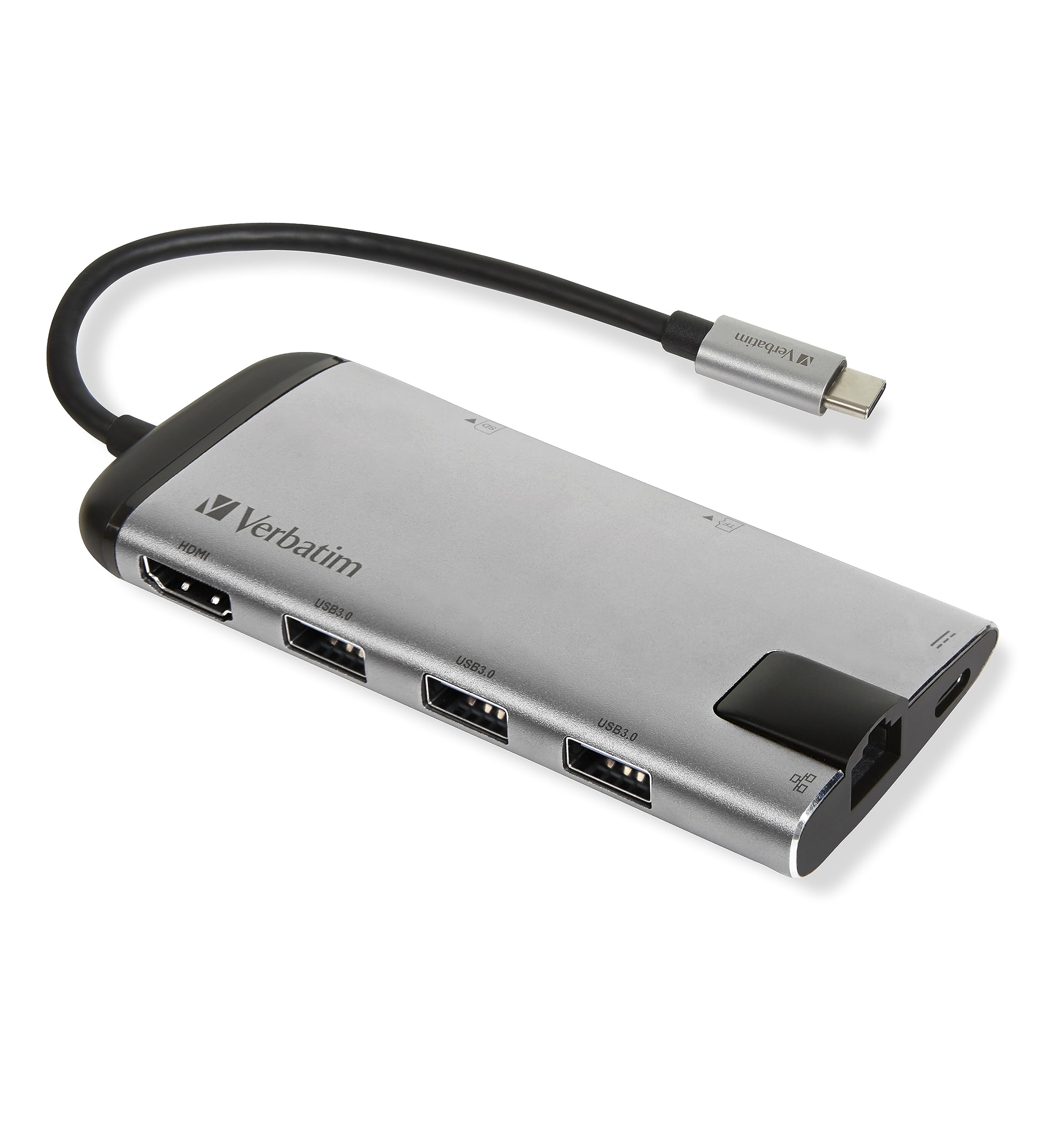 Verbatim USB-C Multiport Hub - USB 3.0, HDMI, 4K, Ethernet, SD/microSD, Quick-Charge Connector, for Laptop, MacBook, grey 49142