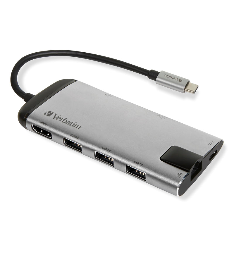 Verbatim USB-C Multiport Hub - USB 3.0, HDMI, 4K, Ethernet, SD/microSD, Quick-Charge Connector, for Laptop, MacBook, grey 49142