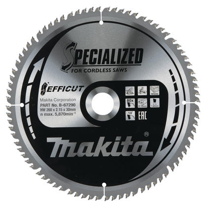 Makita Sägeblatt Efficut Holz für Akku Kapp- und Gehrungssägen (260 x 2,15 x 30 mm, 80 Zähne) B-67290