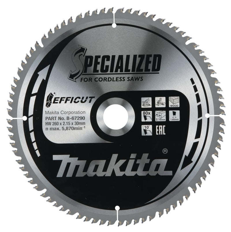 Makita Sägeblatt Efficut Holz für Akku Kapp- und Gehrungssägen (260 x 2,15 x 30 mm, 80 Zähne) B-67290