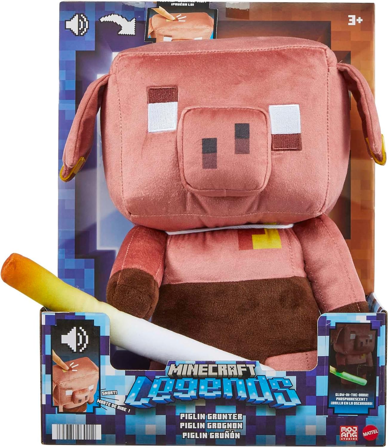 Mattel MINECRAFT Legends - Piglin Fluo, 14+ cm Tall Plush Toy with Sounds and Glow in the Dark Sabre, Soft Video Game Character, Toy for Children, 3+ Years, HHC88