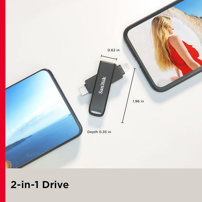 SanDisk 256GB iXpand Flash Drive Luxe with Lightning and USB-C connectors, for iPhone/iPad, Android devices, PC and Mac 256GB Swivel Style Luxe