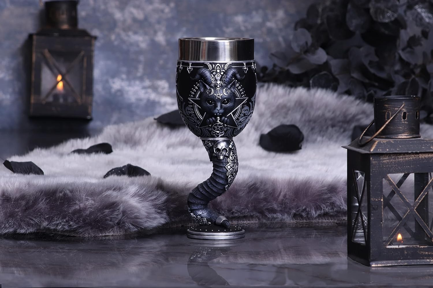 Nemesis Now Cult Cuties Pawzuph Goblet 19.5cm, Resin/Stainless Steel, Black, Cute Scarily Adorable Horned Cat Goblet, Removable Stainless Steel Insert, Cast in the Finest Resin, Expertly Hand-Painted