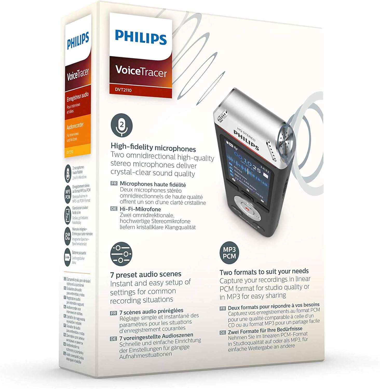 Philips Voice Tracer Audio Recorder DVT2110/00 Digital Notes Dual Fidelity Microphone Rechargeable Battery 8GB Memory Colour Display