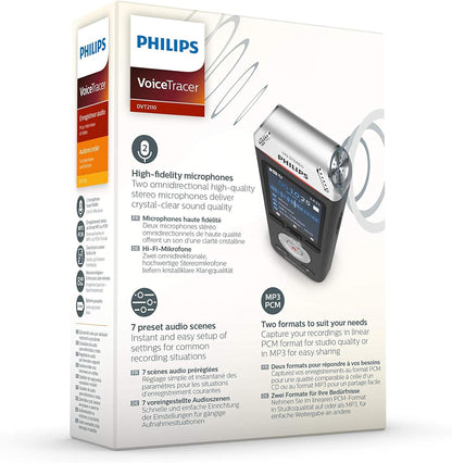 Philips Voice Tracer Audio Recorder DVT2110/00 Digital Notes Dual Fidelity Microphone Rechargeable Battery 8GB Memory Colour Display