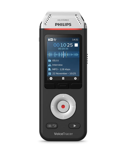 Philips Voice Tracer Audio Recorder DVT2110/00 Digital Notes Dual Fidelity Microphone Rechargeable Battery 8GB Memory Colour Display
