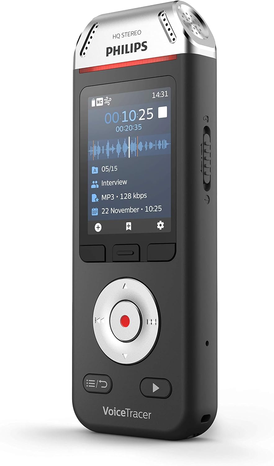 Philips Voice Tracer Audio Recorder DVT2110/00 Digital Notes Dual Fidelity Microphone Rechargeable Battery 8GB Memory Colour Display