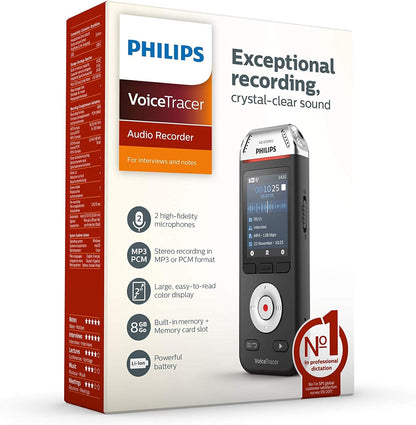 Philips Voice Tracer Audio Recorder DVT2110/00 Digital Notes Dual Fidelity Microphone Rechargeable Battery 8GB Memory Colour Display