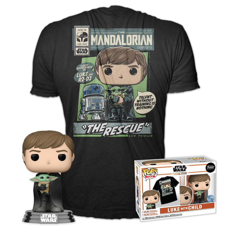Funko Pop! & Tee: Mandalorian - Luke Skywalker With Grogu (The Child, Baby Yoda) - Small - (S) - Star Wars: The Mandalorian - T-Shirt, Maglietta - Vestiti con Figura in Vinile da Collezione Uomini